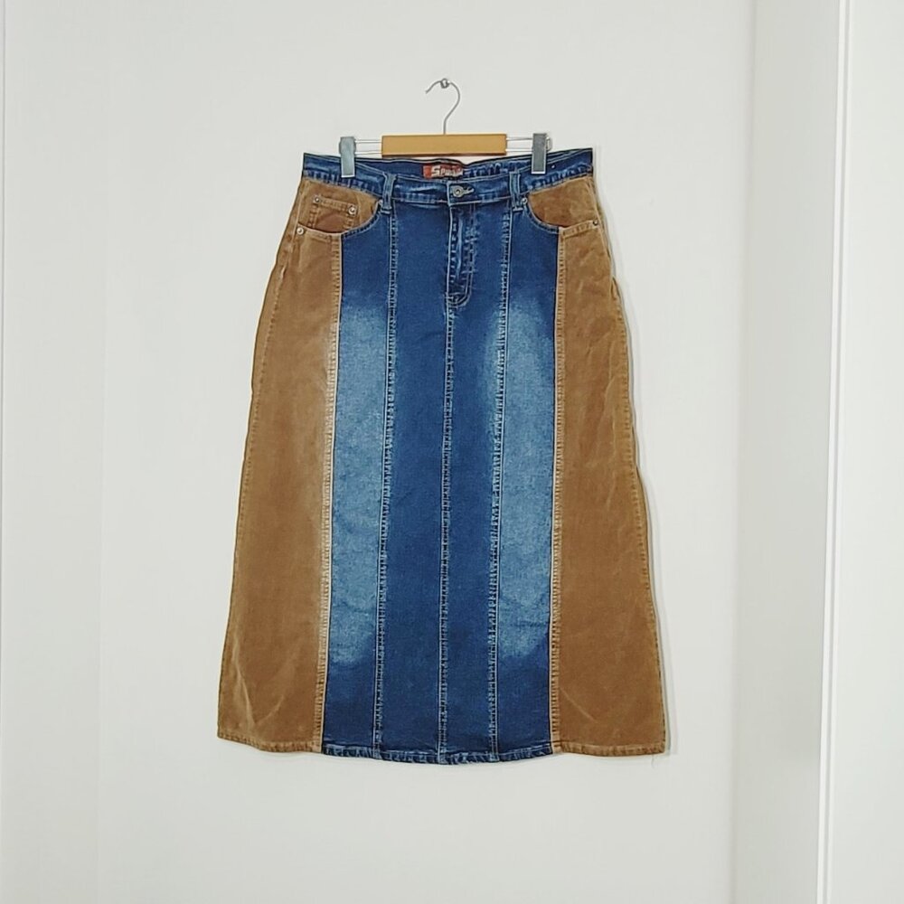 Splash Blue Brown Cotton Blend Corduroy Slit A-Line Midi Denim Skirt Size 17/18
